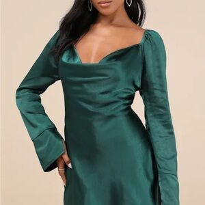 Lulus Sensational Fate Emerald Green Satin Cowl Neck Mini Dress - Size M